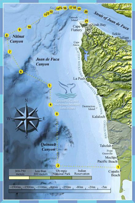 A bathymetric map shows the ocean boundaries of Olympic Coast National Marine Sanctuary adjacent to the Olympic Peninsula with yellow numbered balls and a yellow dotted boundary line, most of which follows the offshore continental shelf.  Area map locations are labelled. There is an Olympic Coast National Marine Sanctuary whale tail logo in the middle of the map, as well as a compass rose and map key on the lower left side of the map