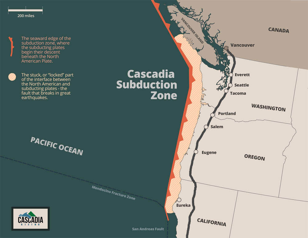 Map of the Pacific northwest U.S. and Canada, showing the Cascadia subduction zone. The zone stretches from southwest of Eureka, California to offshore of Vancouver Island, Canada. Map shows the seaward edge of the subduction zone, where the subducting plates begin their descent beneath the North American Plate and the inshore stuck, or 'locked' part of the North American and subducting plates - the fault that breaks in great earthquakes.
