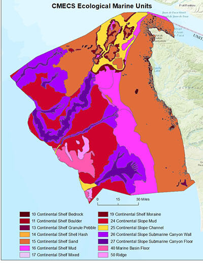 Map of ecological marine units within Olympic Coast National Marine Sanctuary. Fourteen habitat types are noted in different shades of colors ranging from dark purple to light pink and orange to yellow.