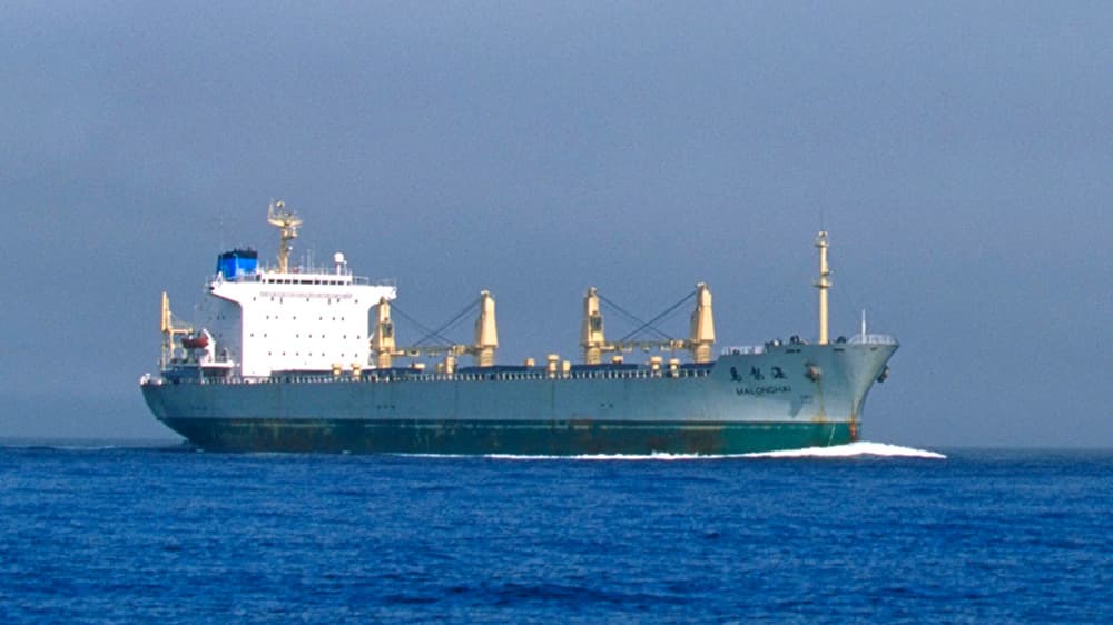 A large commercial ship moves in the ocean