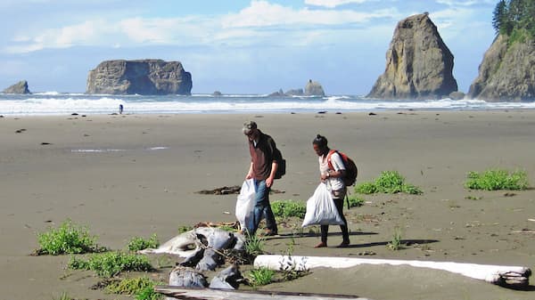 Two people cleaning the beach with trash bags in their hands