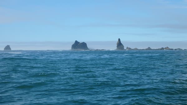 Rugged rocky islands are seen offshore in Olympic Coast National Marine Sanctuary