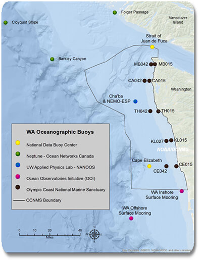 Map of the Washington state coastline and Olympic Coast National Marine Sanctuary, featuring locations of Washington oceanographic buoys.