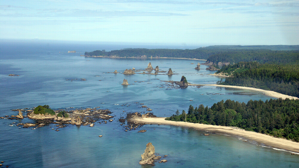 An aerial view of the Olympic Coast, including undeveloped coastal forests, sandy beaches, rocky offshore islands and seastacks, and vast ocean views.