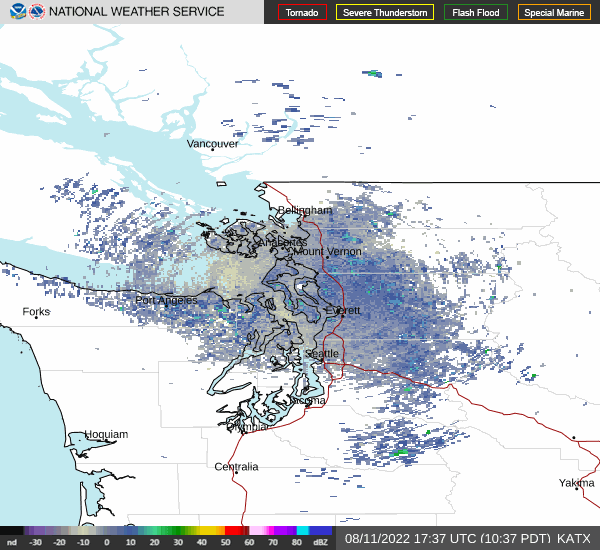 A vew of northwest Washington state with weather radar information indicated with a color map